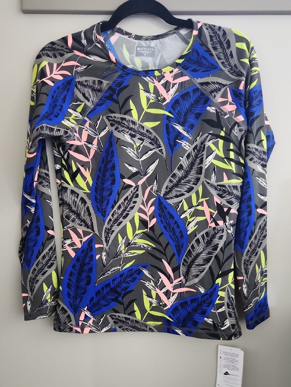 Athleta Gray Long Sleeve Leaf-Print Tee with Blue, Pink & Lime Accents/Rashguard